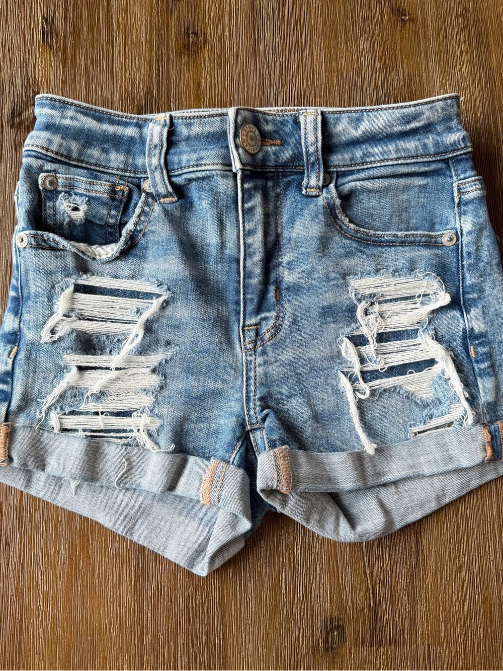 American Eagle “Hi-Rise Shortie” Women’s Distressed Denim Jean Shorts size 000